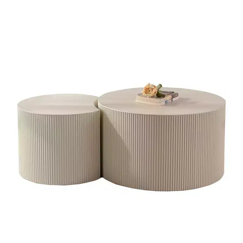 Round Wood Coffee Table with Handcrafted Relief Design for Small Spaces, No Assembly Required