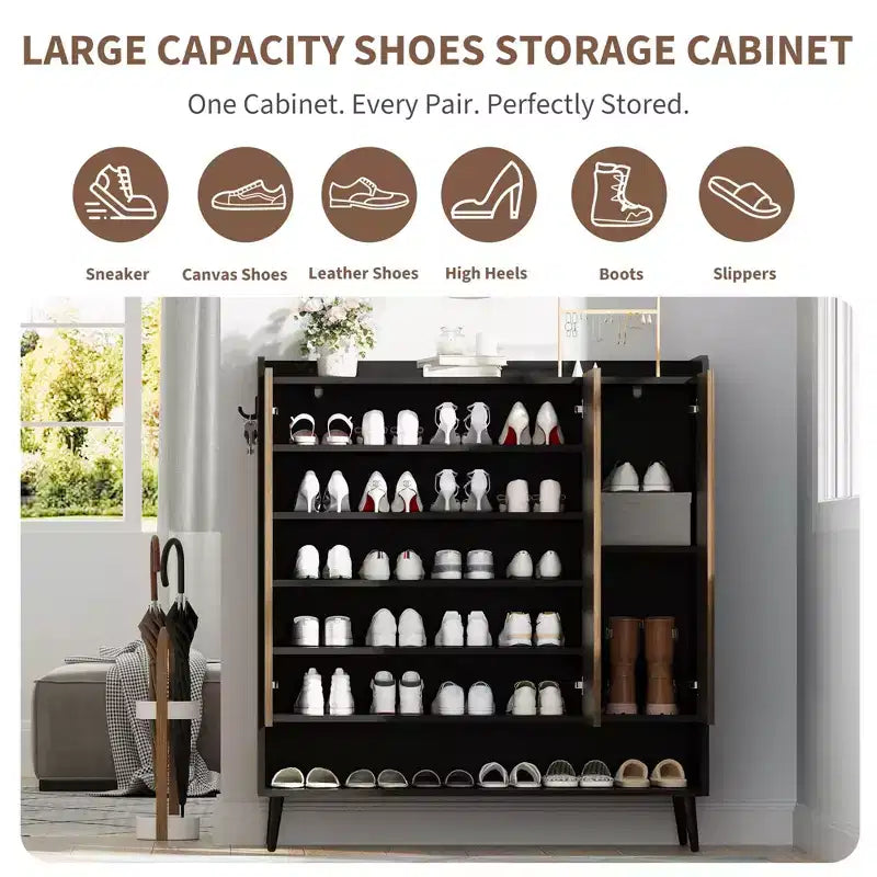 Shoe Cabinet, 30 Pairs Large Shoe Organizer with 3 Doors & Adjustable Shelves for Entryway