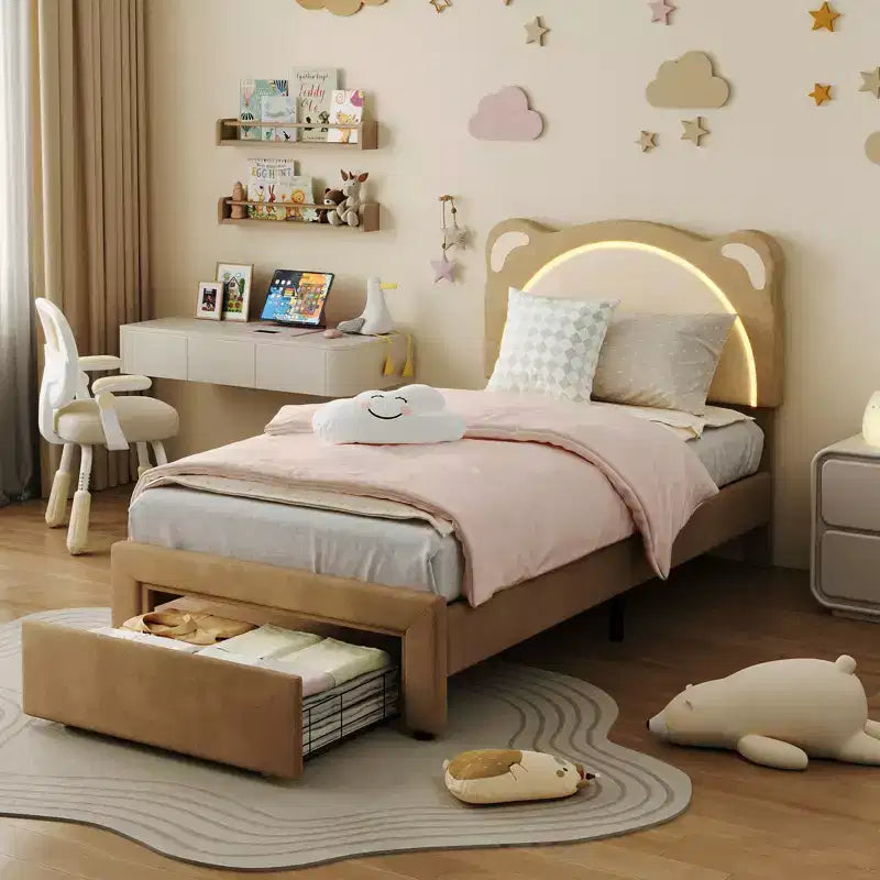 Cute Kids Bed Frame - Adjustable adorable bear design, suede upholstery, storage drawers, solid wood slats, quiet design, easy to assemble.