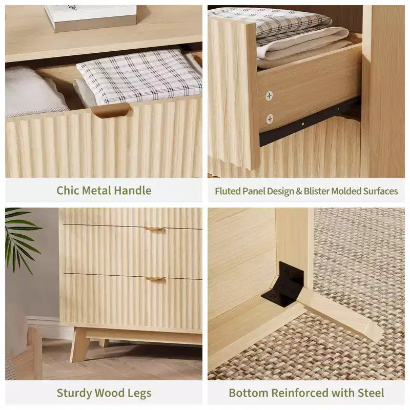 3 Drawer Dresser, 32 Inch Tall Mid Century Modern Dresser Drawers, Waveform Fluted Side Table , Wood Drawer Organizer for Bedroom Living Room