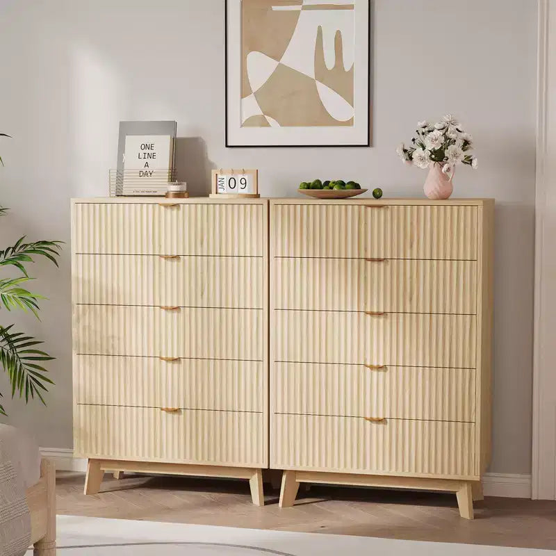 3 Drawer Dresser, 32 Inch Tall Mid Century Modern Dresser Drawers, Waveform Fluted Side Table , Wood Drawer Organizer for Bedroom Living Room