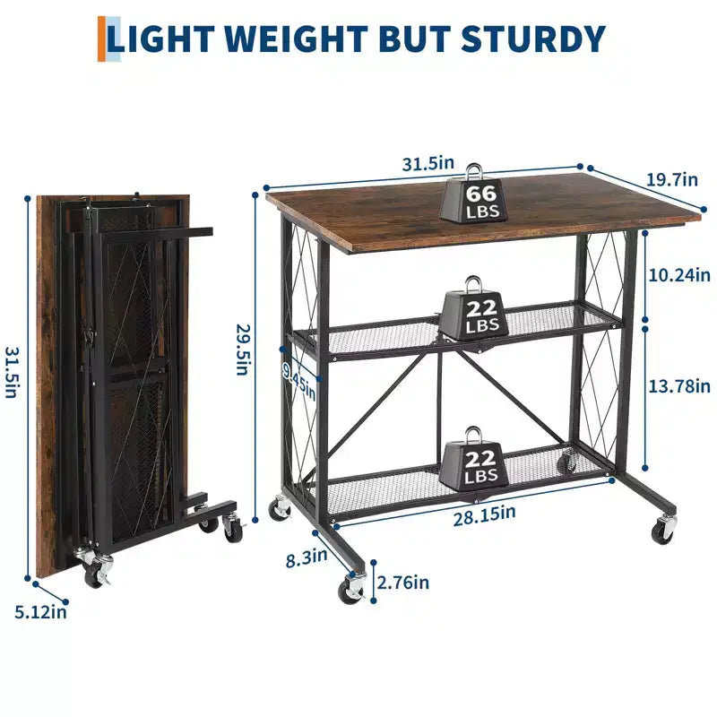 1.5 Inch 3Tier Foldable Desk with Wheels - Large Capacity Metal Wire Shelf Rack, No Assembly Organizer for Study Kitchen Living Room Balcony
