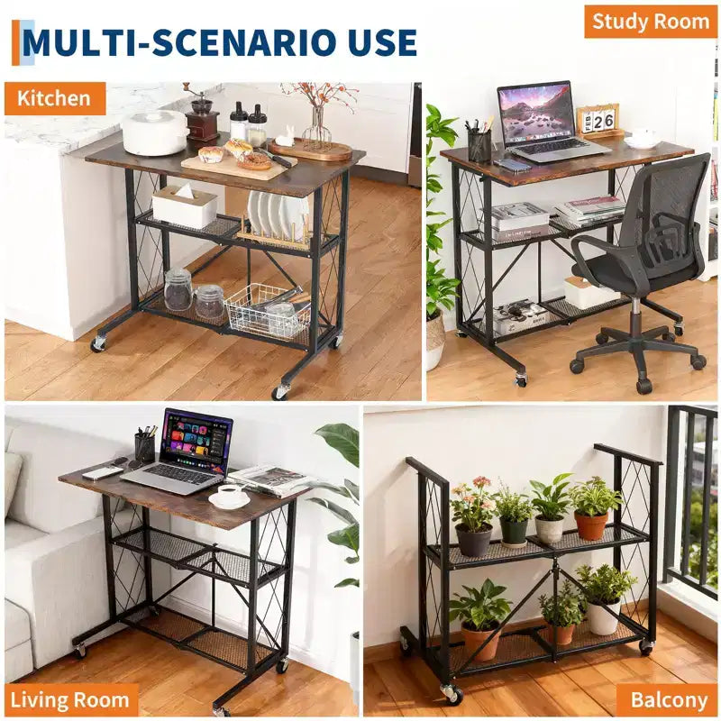 1.5 Inch 3Tier Foldable Desk with Wheels - Large Capacity Metal Wire Shelf Rack, No Assembly Organizer for Study Kitchen Living Room Balcony