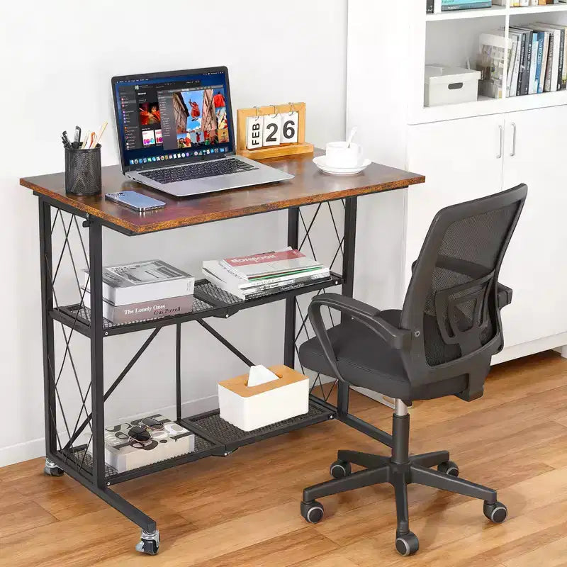 1.5 Inch 3Tier Foldable Desk with Wheels - Large Capacity Metal Wire Shelf Rack, No Assembly Organizer for Study Kitchen Living Room Balcony