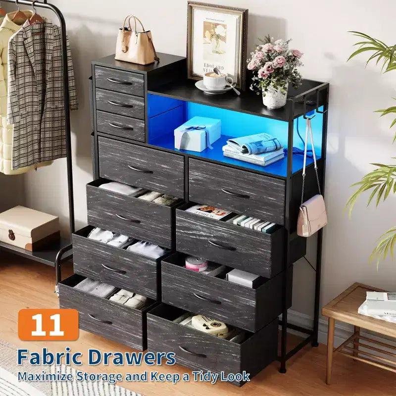 Dresser for Bedroom, 11-Drawer Fabric Storage Dresser with Charging Station & Lights