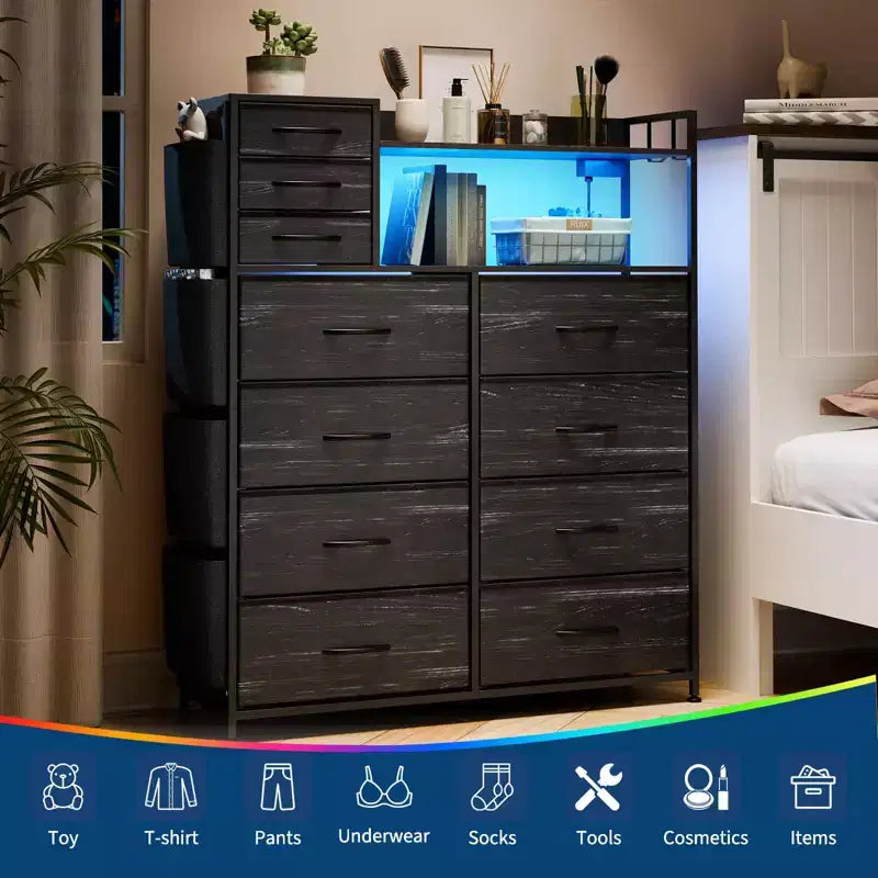 Dresser for Bedroom, 11-Drawer Fabric Storage Dresser with Charging Station & Lights