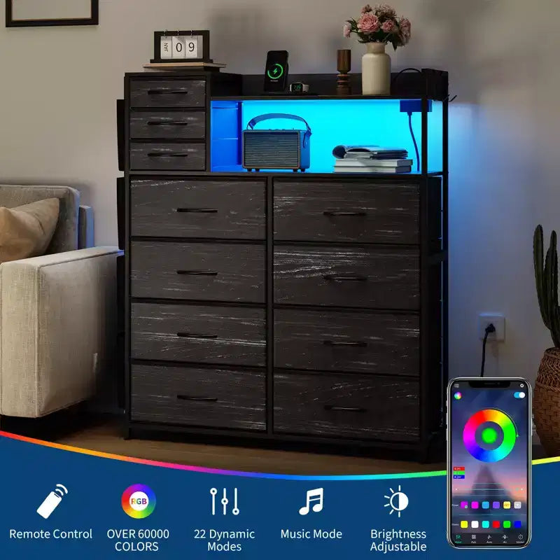 Dresser for Bedroom, 11-Drawer Fabric Storage Dresser with Charging Station & Lights