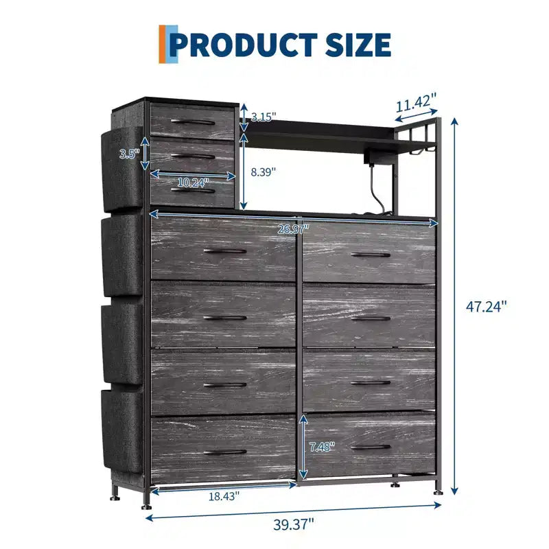 Dresser for Bedroom, 11-Drawer Fabric Storage Dresser with Charging Station & Lights