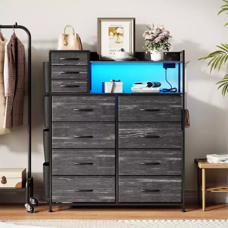 Dresser for Bedroom, 11-Drawer Fabric Storage Dresser with Charging Station & Lights
