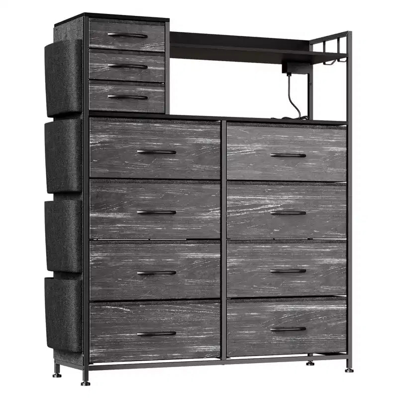 Dresser for Bedroom, 11-Drawer Fabric Storage Dresser with Charging Station & Lights