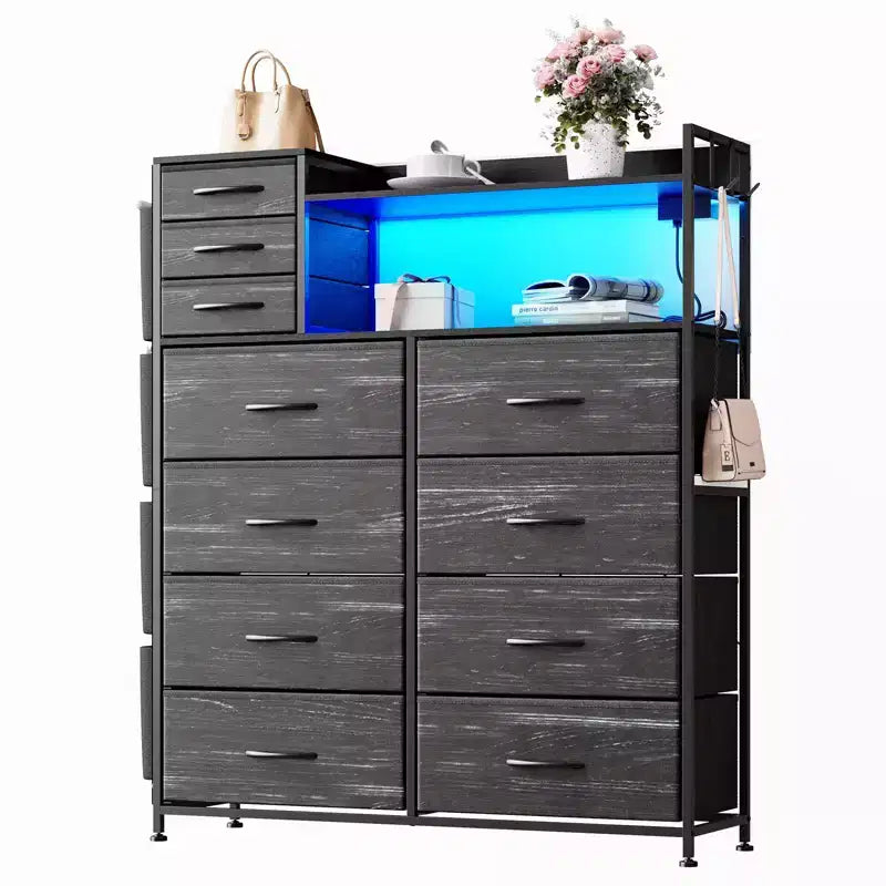 Dresser for Bedroom, 11-Drawer Fabric Storage Dresser with Charging Station & Lights