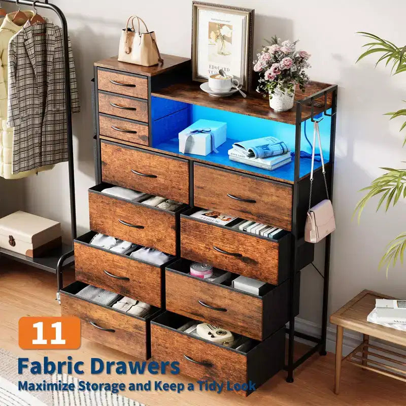Dresser for Bedroom, 11-Drawer Fabric Storage Dresser with Charging Station & Lights