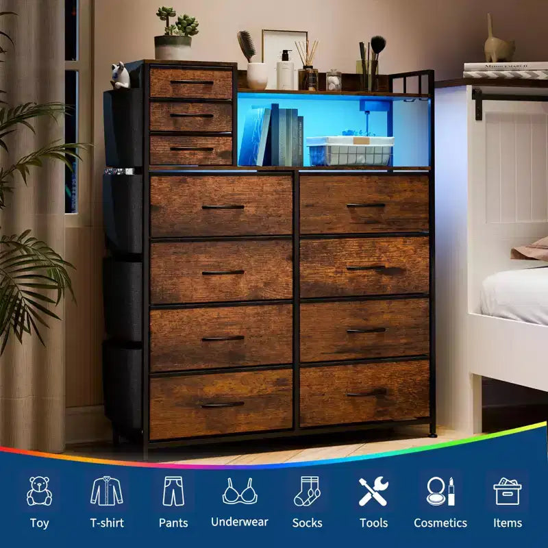 Dresser for Bedroom, 11-Drawer Fabric Storage Dresser with Charging Station & Lights