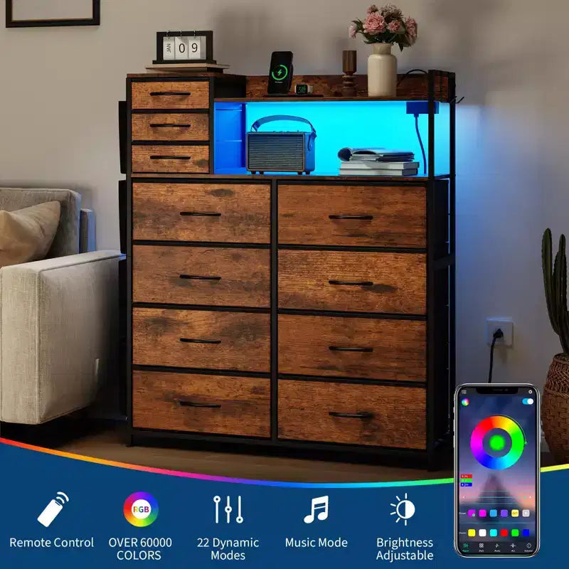 Dresser for Bedroom, 11-Drawer Fabric Storage Dresser with Charging Station & Lights