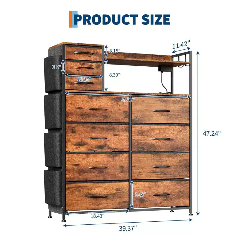 Dresser for Bedroom, 11-Drawer Fabric Storage Dresser with Charging Station & Lights