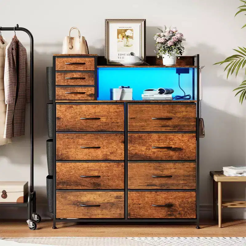 Dresser for Bedroom, 11-Drawer Fabric Storage Dresser with Charging Station & Lights