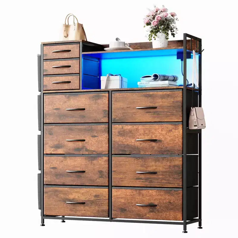 Dresser for Bedroom, 11-Drawer Fabric Storage Dresser with Charging Station & Lights