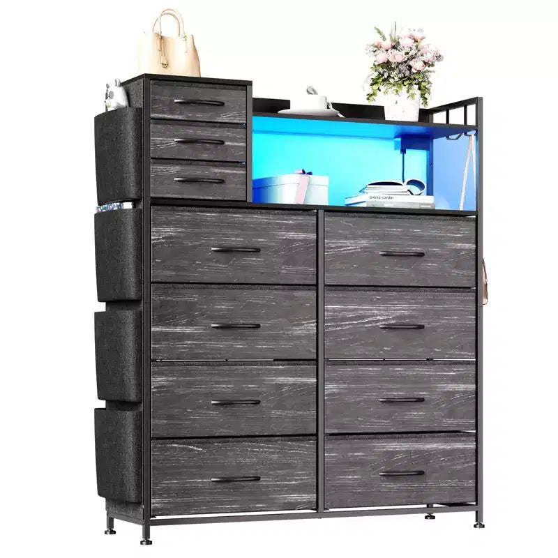 Dresser for Bedroom, 11-Drawer Fabric Storage Dresser with Charging Station & Lights