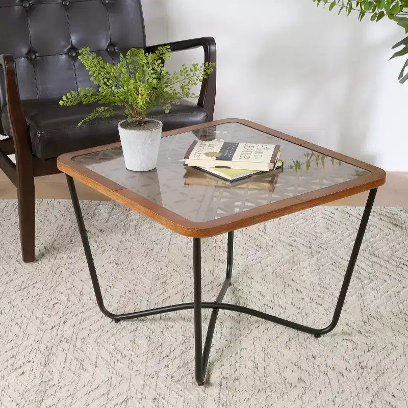 23-inch Modern Square Coffee Table with Tempered Glass Tabletop and Geometric Cutout Pattern, Black-Brown