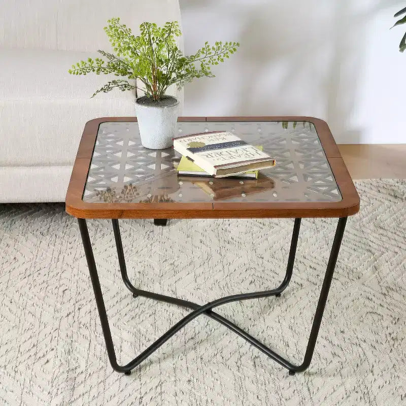 23-inch Modern Square Coffee Table with Tempered Glass Tabletop and Geometric Cutout Pattern, Black-Brown