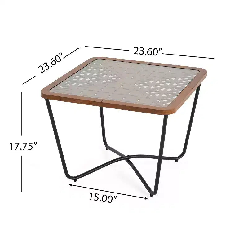 23-inch Modern Square Coffee Table with Tempered Glass Tabletop and Geometric Cutout Pattern, Black-Brown