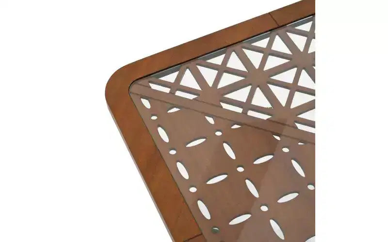 23-inch Modern Square Coffee Table with Tempered Glass Tabletop and Geometric Cutout Pattern, Black-Brown