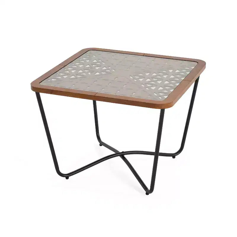 23-inch Modern Square Coffee Table with Tempered Glass Tabletop and Geometric Cutout Pattern, Black-Brown