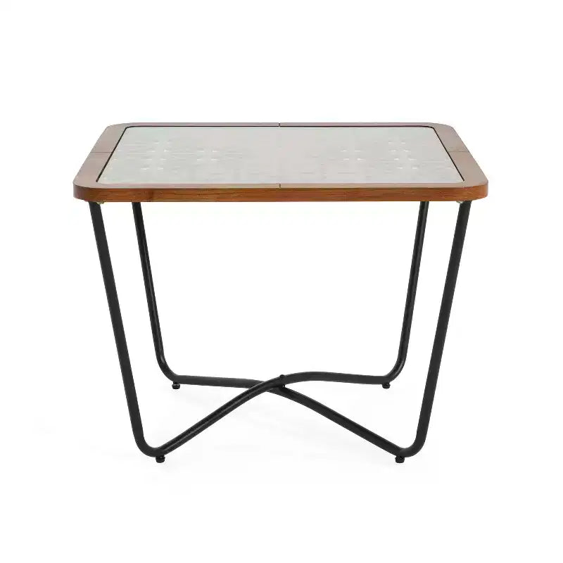 23-inch Modern Square Coffee Table with Tempered Glass Tabletop and Geometric Cutout Pattern, Black-Brown