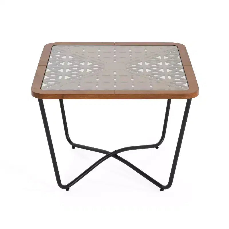 23-inch Modern Square Coffee Table with Tempered Glass Tabletop and Geometric Cutout Pattern, Black-Brown
