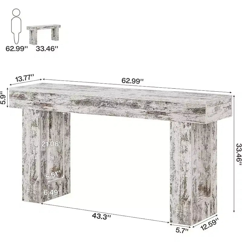 63 Farmhouse Console Table, Rectangular Wooden Accent Table in Distressed White for Entrance, Hallway & Living Room
