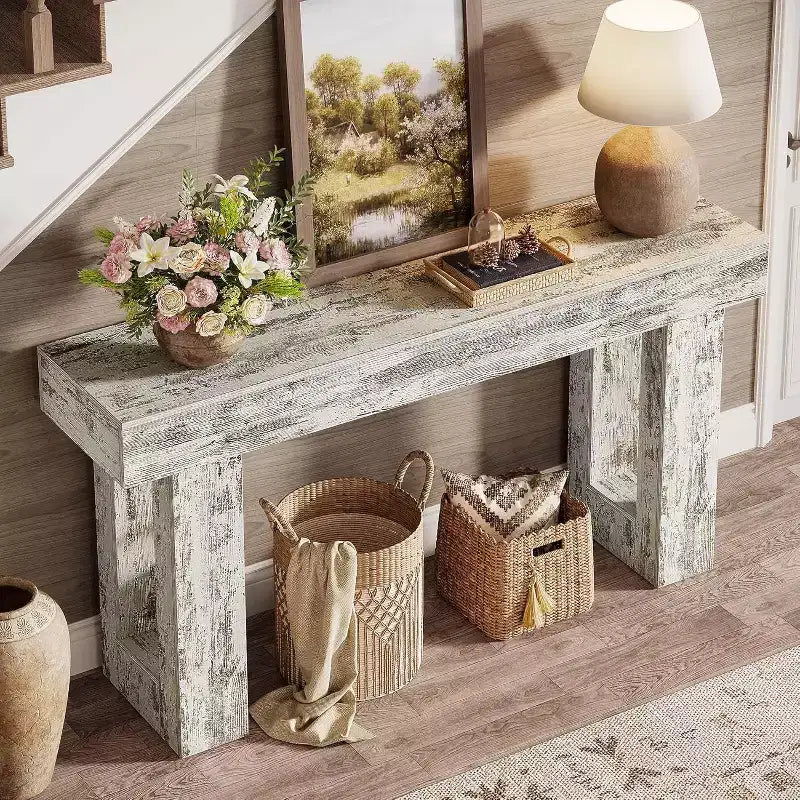 63 Farmhouse Console Table, Rectangular Wooden Accent Table in Distressed White for Entrance, Hallway & Living Room