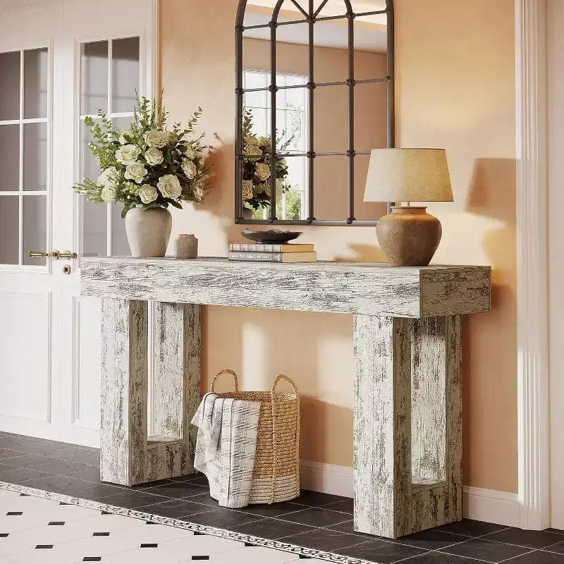 63 Farmhouse Console Table, Rectangular Wooden Accent Table in Distressed White for Entrance, Hallway & Living Room