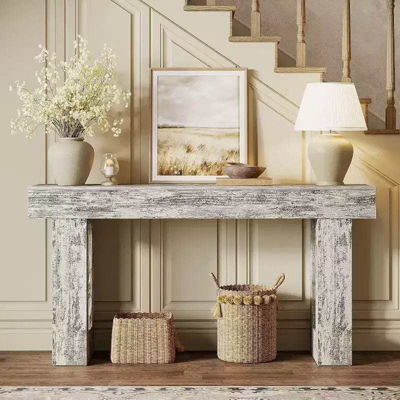 63 Farmhouse Console Table, Rectangular Wooden Accent Table in Distressed White for Entrance, Hallway & Living Room