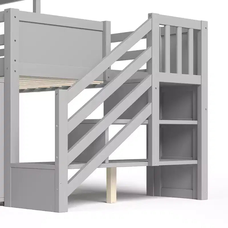 Twin Size Loft Bed with 3 Drawers & Storage Stair, Wooden House-style Bed Frame with Slide and Removable Desk