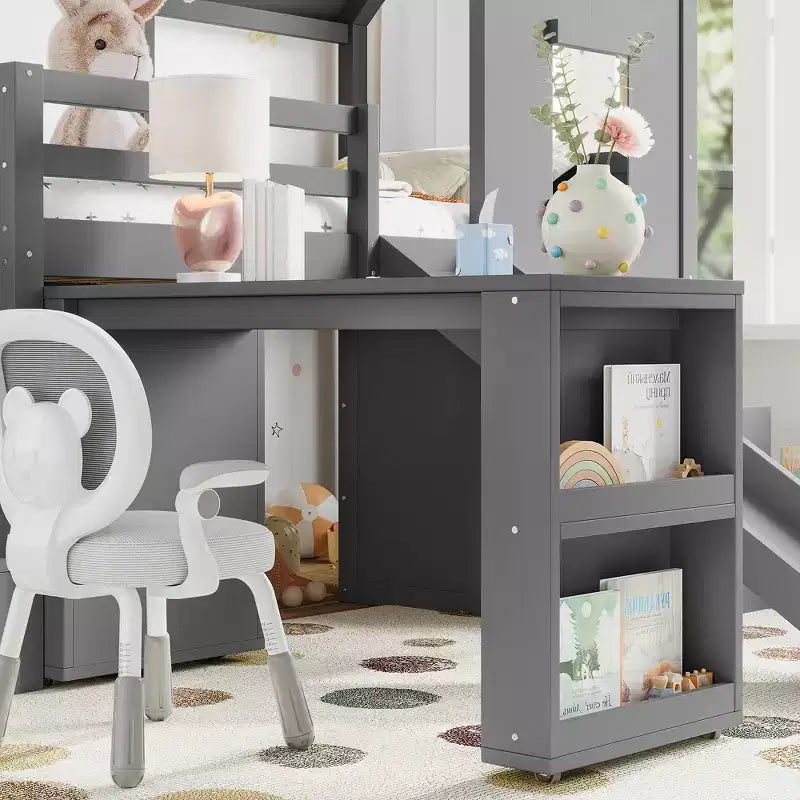Twin Size Loft Bed with 3 Drawers & Storage Stair, Wooden House-style Bed Frame with Slide and Removable Desk