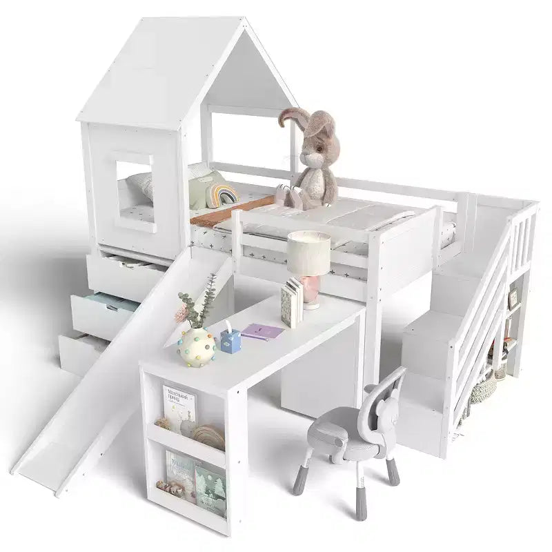 Twin Size Loft Bed with 3 Drawers & Storage Stair, Wooden House-style Bed Frame with Slide and Removable Desk