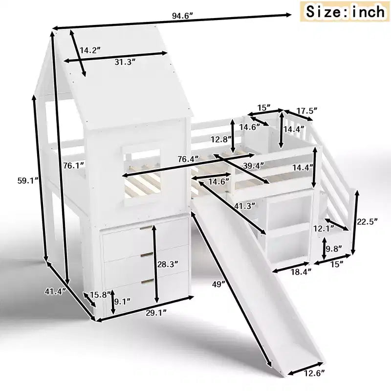 Twin Size Loft Bed with 3 Drawers & Storage Stair, Wooden House-style Bed Frame with Slide and Removable Desk