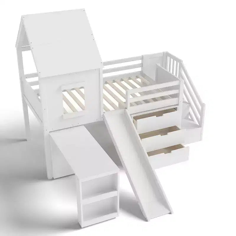 Twin Size Loft Bed with 3 Drawers & Storage Stair, Wooden House-style Bed Frame with Slide and Removable Desk