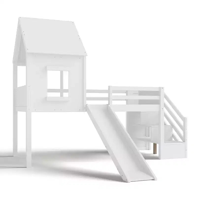 Twin Size Loft Bed with 3 Drawers & Storage Stair, Wooden House-style Bed Frame with Slide and Removable Desk