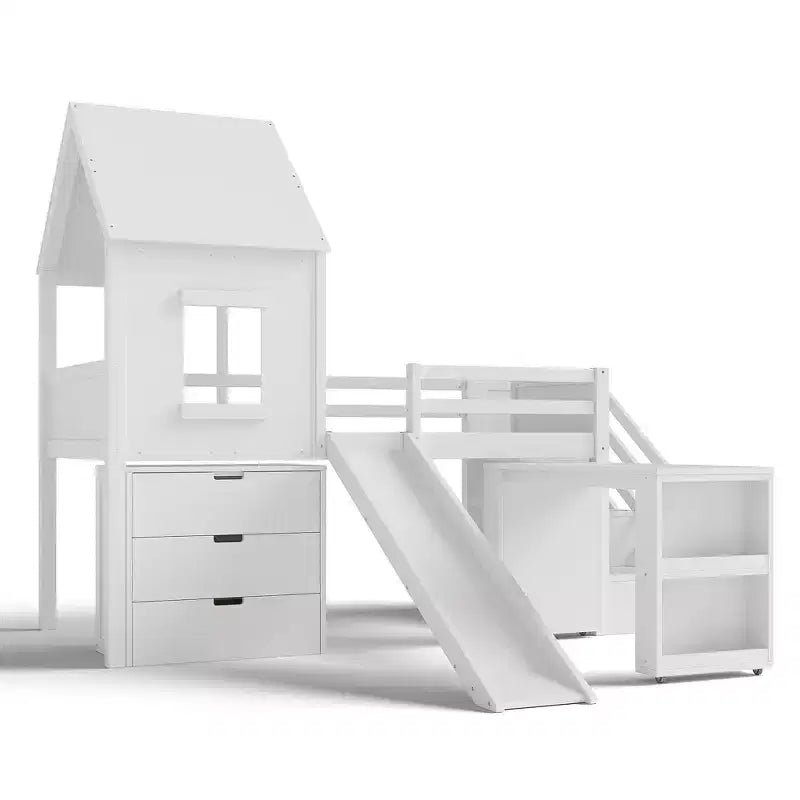 Twin Size Loft Bed with 3 Drawers & Storage Stair, Wooden House-style Bed Frame with Slide and Removable Desk
