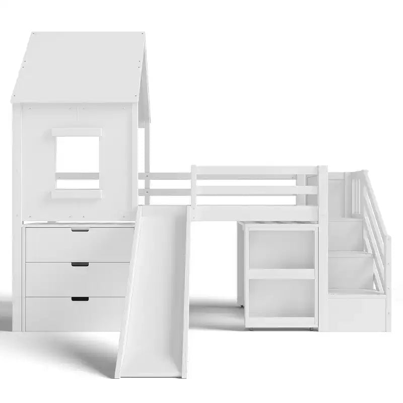 Twin Size Loft Bed with 3 Drawers & Storage Stair, Wooden House-style Bed Frame with Slide and Removable Desk