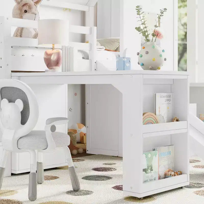 Twin Size Loft Bed with 3 Drawers & Storage Stair, Wooden House-style Bed Frame with Slide and Removable Desk