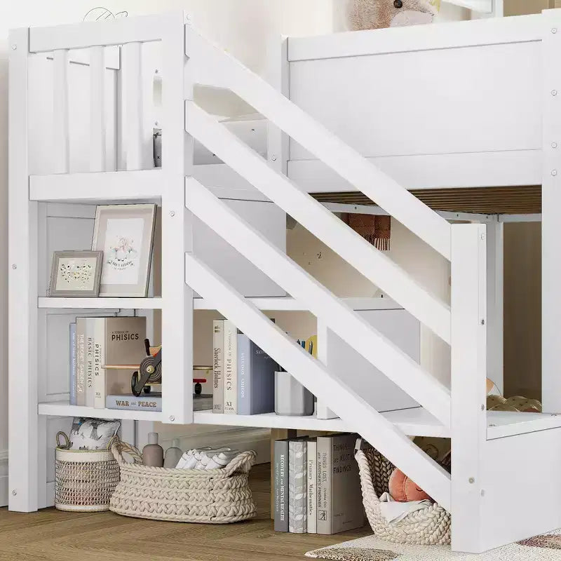 Twin Size Loft Bed with 3 Drawers & Storage Stair, Wooden House-style Bed Frame with Slide and Removable Desk