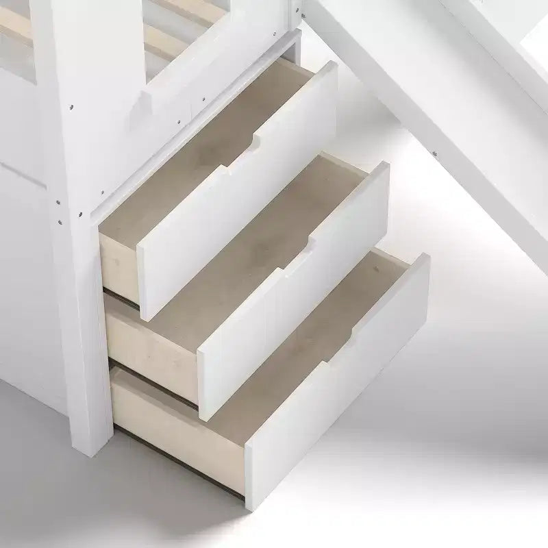 Twin Size Loft Bed with 3 Drawers & Storage Stair, Wooden House-style Bed Frame with Slide and Removable Desk