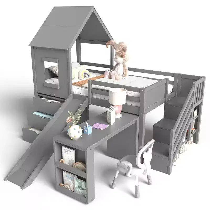 Twin Size Loft Bed with 3 Drawers & Storage Stair, Wooden House-style Bed Frame with Slide and Removable Desk