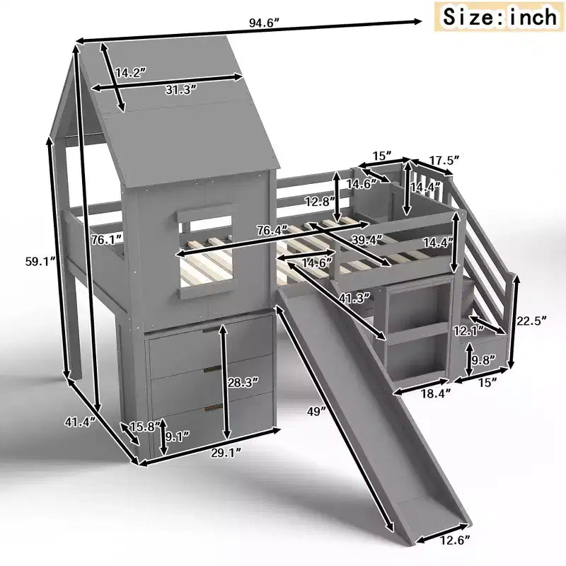 Twin Size Loft Bed with 3 Drawers & Storage Stair, Wooden House-style Bed Frame with Slide and Removable Desk