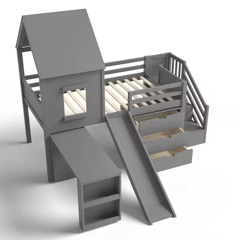 Twin Size Loft Bed with 3 Drawers & Storage Stair, Wooden House-style Bed Frame with Slide and Removable Desk