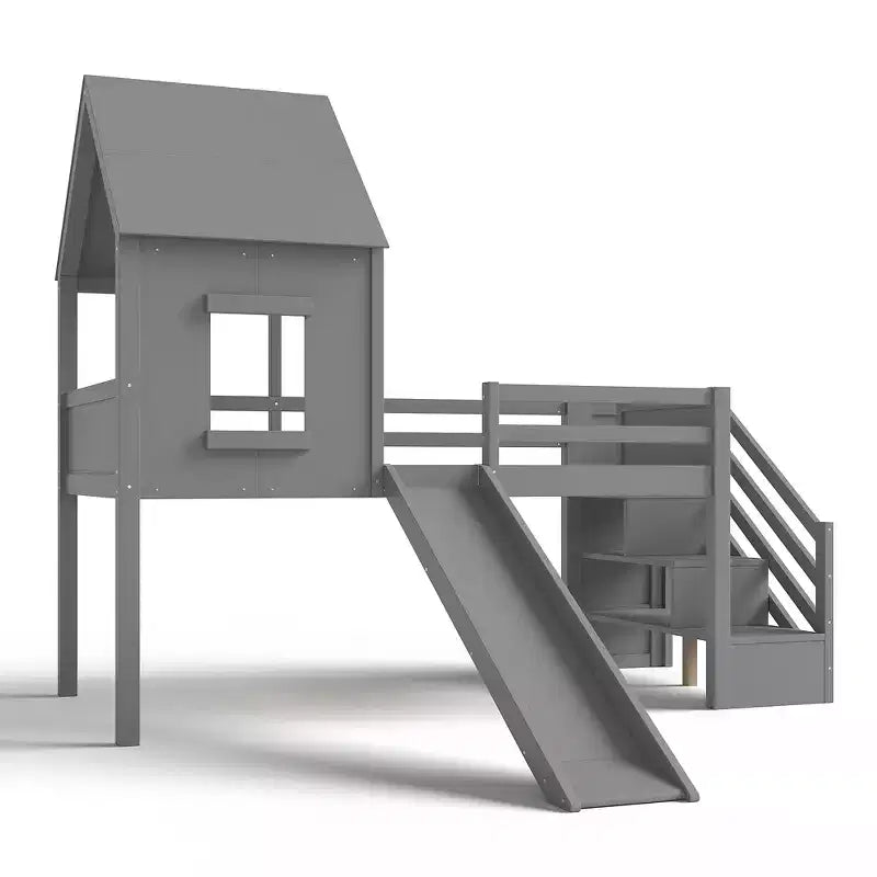Twin Size Loft Bed with 3 Drawers & Storage Stair, Wooden House-style Bed Frame with Slide and Removable Desk