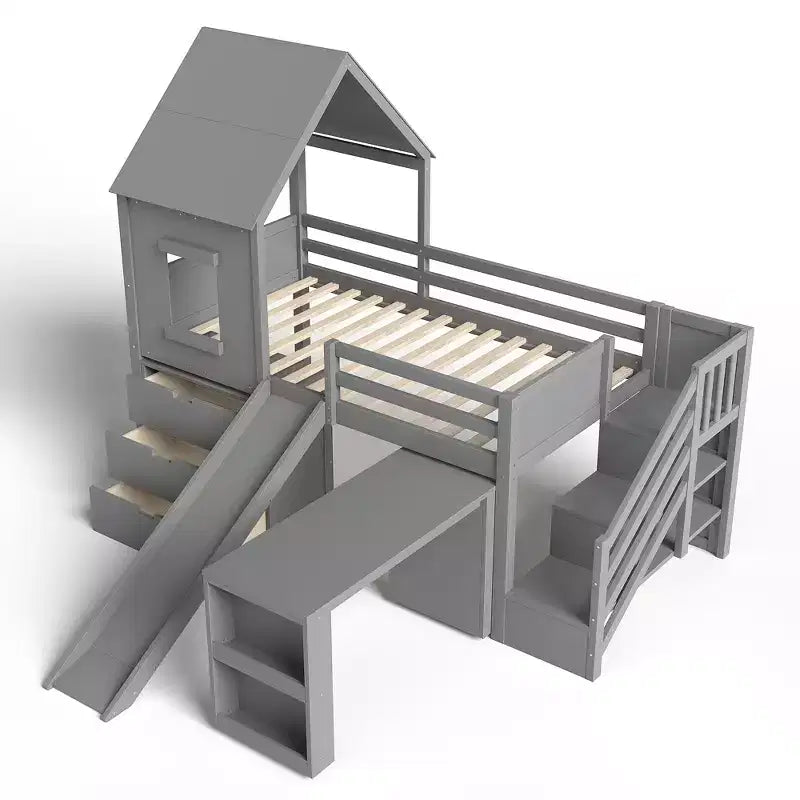 Twin Size Loft Bed with 3 Drawers & Storage Stair, Wooden House-style Bed Frame with Slide and Removable Desk