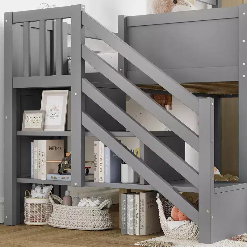 Twin Size Loft Bed with 3 Drawers & Storage Stair, Wooden House-style Bed Frame with Slide and Removable Desk